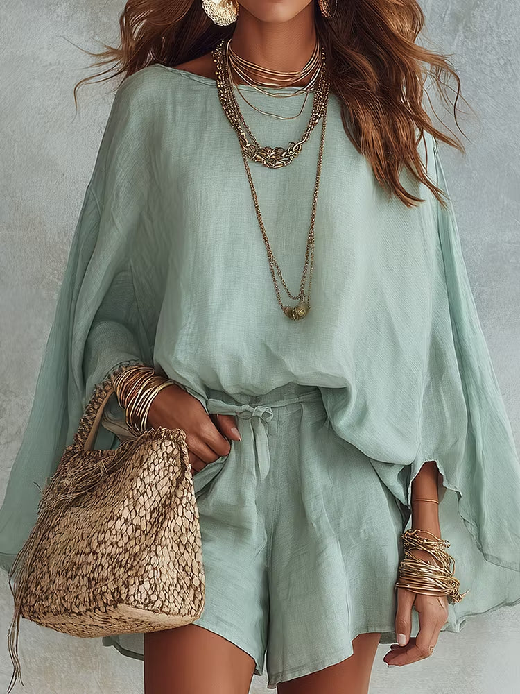 Mint Green Linen Batwing Sleeve Short Suit
