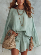Mint Green Linen Batwing Sleeve Short Suit