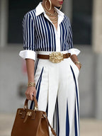 Elegant Color-Block Striped Two-Piece Set(Includes a standard belt)