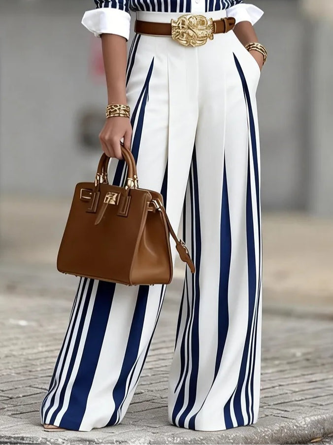 Elegant Color-Block Striped Two-Piece Set(Includes a standard belt)
