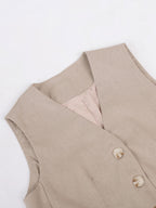 Classic V-neck Pleated Cotton and Linen Wide-leg Pants Suit
