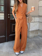 Classic V-neck Pleated Cotton and Linen Wide-leg Pants Suit
