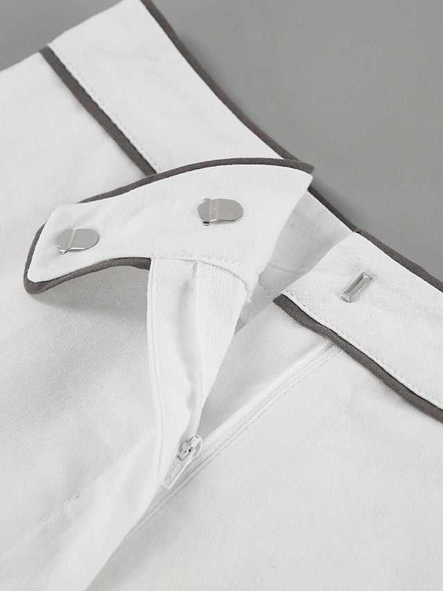 Black and White Contrast Cotton and Linen Shirt and Shorts Two-piece Set