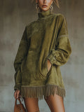 Faux Suede Turtleneck Dress With Fringe Hem