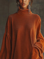 Orange corduroy loose tassel hem high collar dress