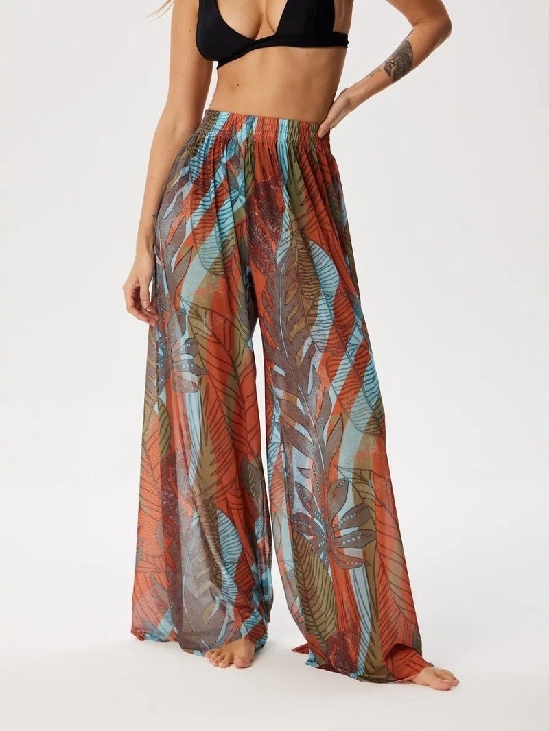 Women's High-Waisted Printed Mesh Casual Trousers