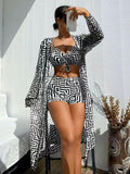 Women's Rectangular Printed Two-Piece Swimsuit and Cover-Up Three-Piece Set
