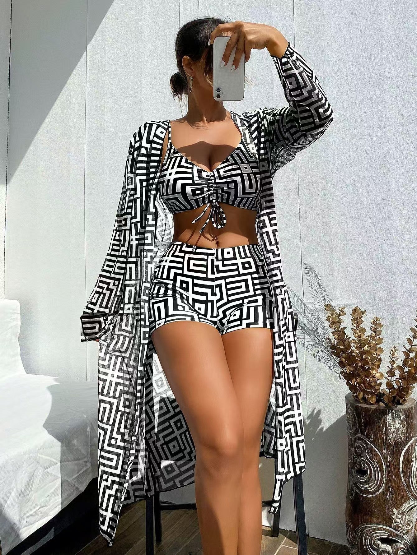Women's Rectangular Printed Two-Piece Swimsuit and Cover-Up Three-Piece Set