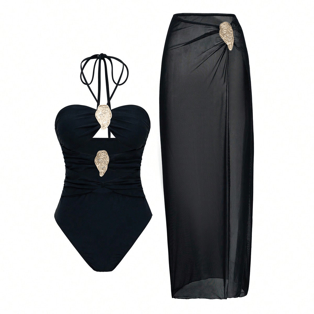 Women's Halter-Neck One-Piece Swimsuit with Hot Spring Wrap Skirt Set