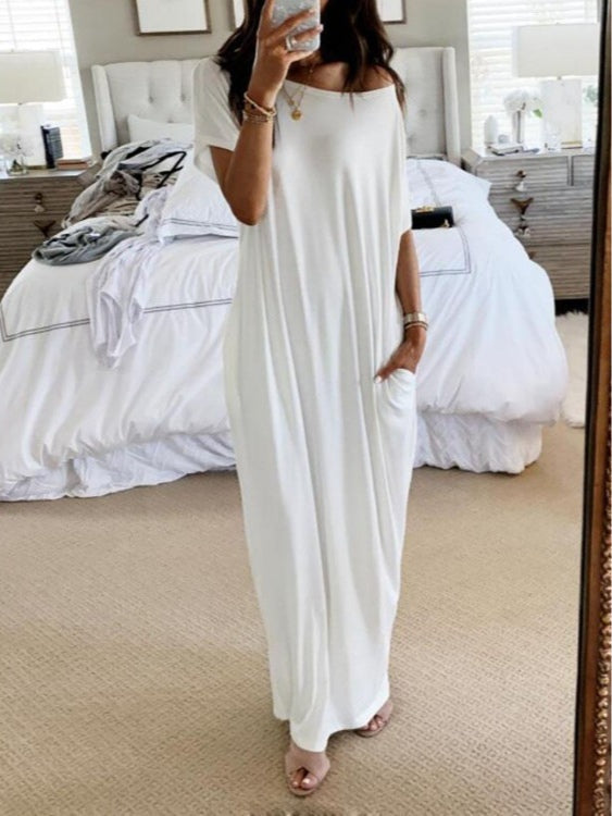 Women's Solid-Color Short-Sleeve Long Casual Dress