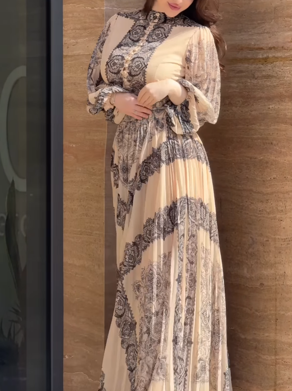 Ethnic-style printed high-neck button-down maxi dress (including belt)