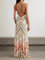 Herringbone Crocheted Print Spaghetti Strap V-neck Camisole Maxi Dress