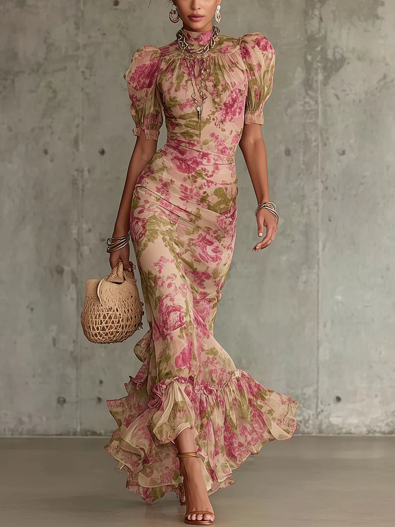 Vintage Rose Print Maxi Dress With Puff Sleeves（Accessories not included）