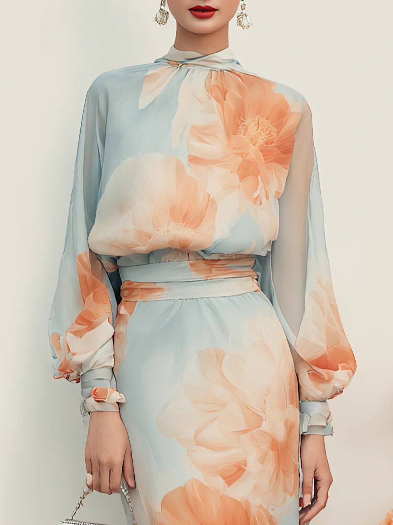 Romantic Floral Mock Neck Long Sleeve Top With Skirt Two-Piece Set