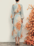Romantic Floral Mock Neck Long Sleeve Top With Skirt Two-Piece Set