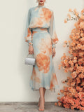 Romantic Floral Mock Neck Long Sleeve Top With Skirt Two-Piece Set