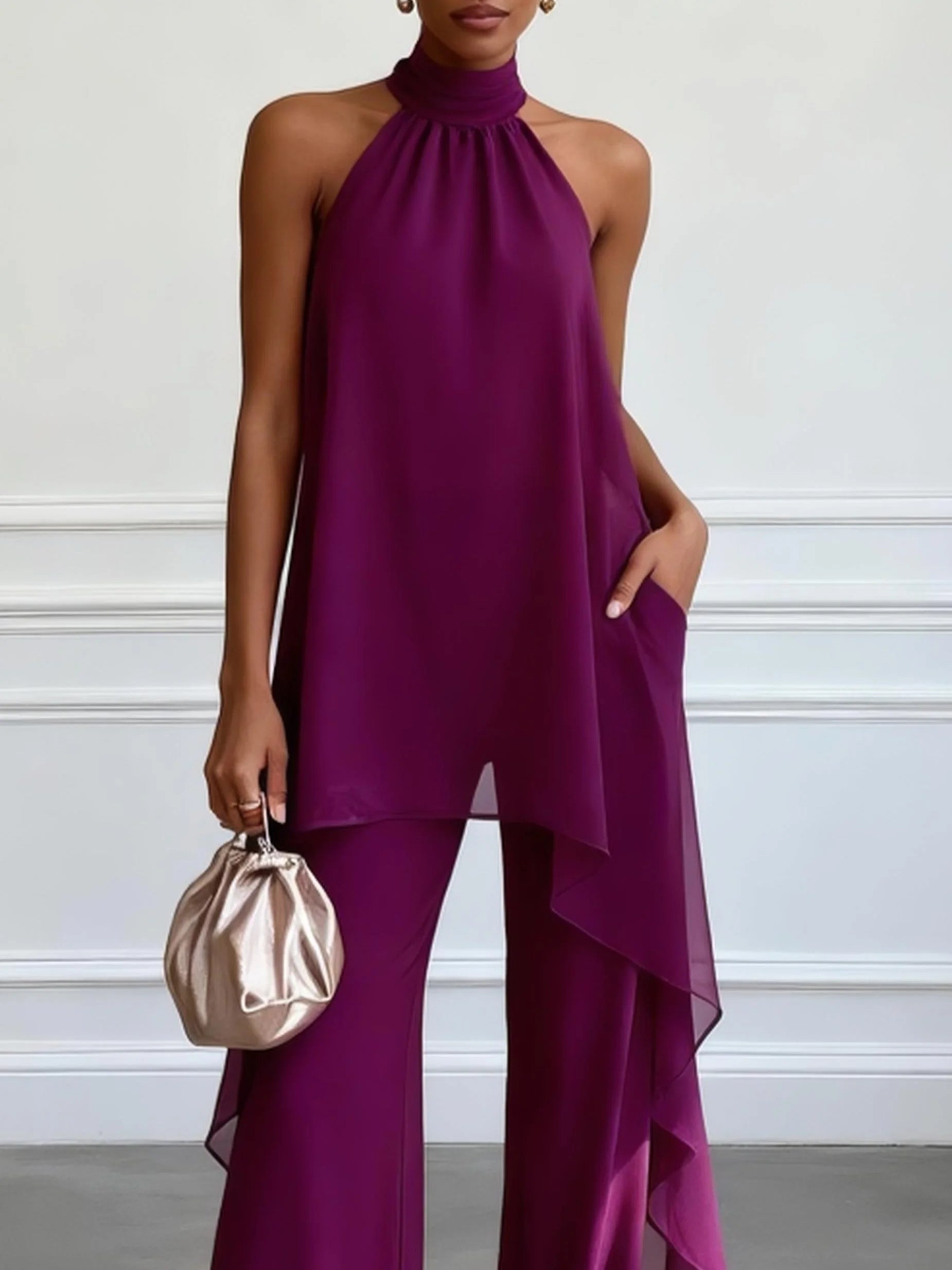 Purple Halter Sleeveless Elegant Top With Pants Two-Piece Set