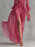 Elegant Rose Pink Chiffon V-neck Tie-waist Long Dress