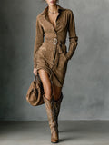 Suede Single Breasted Lapel Long Sleeve Midi Dress（Belt not included）