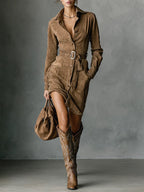Suede Single Breasted Lapel Long Sleeve Midi Dress（Belt not included）