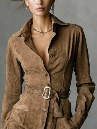 Suede Single Breasted Lapel Long Sleeve Midi Dress（Belt not included）