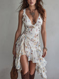 Retro Floral V-Neck Spaghetti Strap Mini Dress