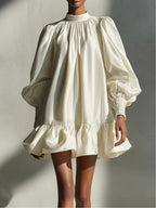 Beige Satin Puff Sleeve Ruffle Mini Dress