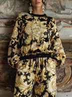 Baroque Floral Print Long-sleeved Top And Wide-leg Pants Loungewear Set
