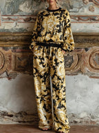 Baroque Floral Print Long-sleeved Top And Wide-leg Pants Loungewear Set