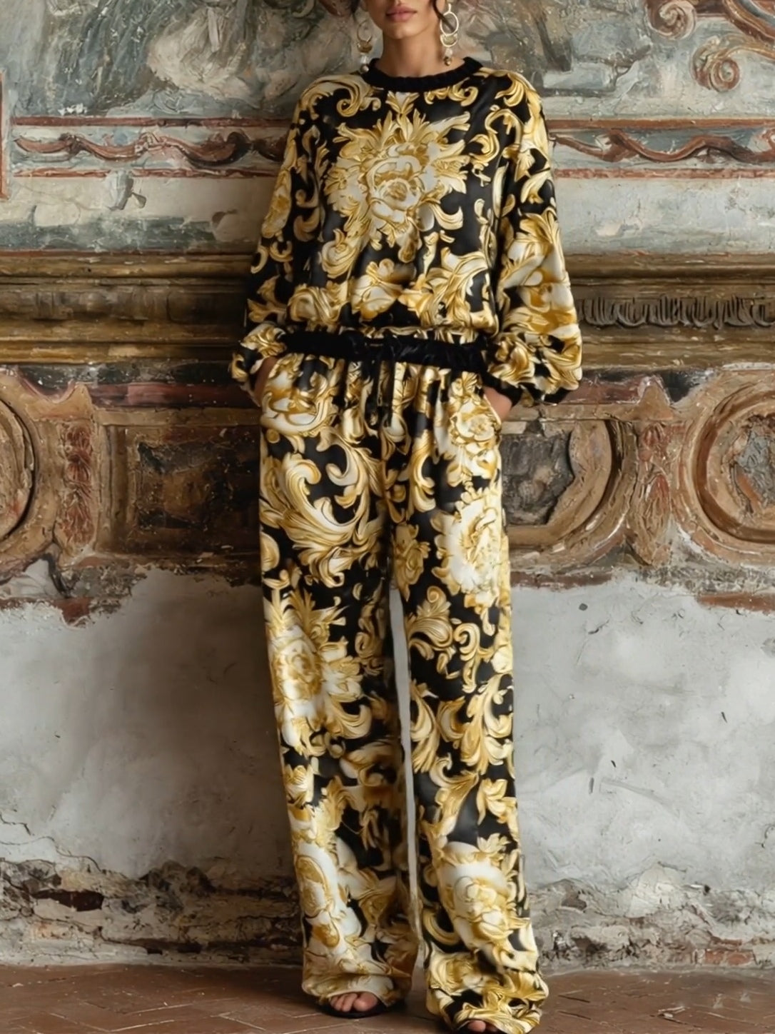 Baroque Floral Print Long-sleeved Top And Wide-leg Pants Loungewear Set