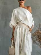 Off-white Linen Off-shoulder Loose Casual Top And Tapered Pants Set