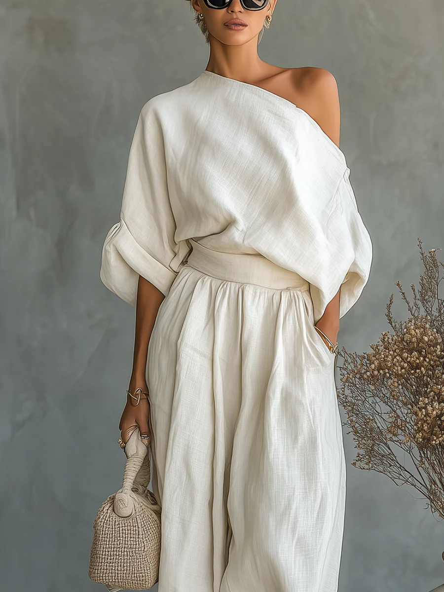 Off-white Linen Off-shoulder Loose Casual Top And Tapered Pants Set