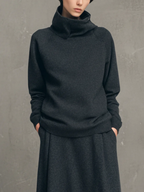 Charcoal Gray Air-layer High-neck Top And Flared Long Skirt Set