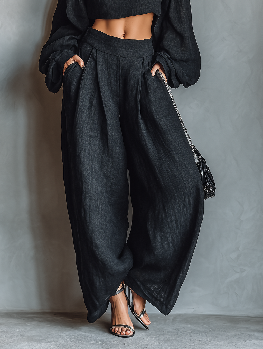 Black Off-the-shoulder Long-sleeved Top And Wide-leg Pants Set