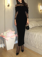 Black Velvet Lace-trimmed Fitted Maxi Dress