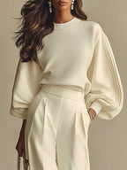 Ivory Ribbed Crew Neck Top And High-waisted Wide-leg Pants Suit