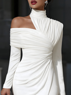 White Asymmetric Draped High-Neck One-Shoulder Midi Dress