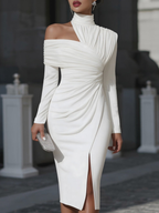 White Asymmetric Draped High-Neck One-Shoulder Midi Dress