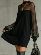 Black Sheer Mesh Sleeve High‑Neck Mini Dress