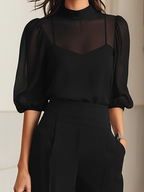 Black Sheer Camisole Top And Wide-leg Pants Three-piece Set