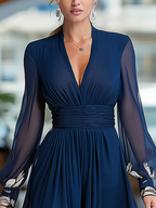 Navy Blue V-neck Tulle Sleeve Pleated Floral Maxi Dress