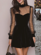Black Velvet Polka Dot Sheer Sleeve Mini Dress