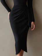 Black One-Shoulder Draped Bodycon Midi Dress