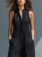 Black Minimalist Faux Linen Button-down Collar Sleeveless Loose-fitting Jumpsuit