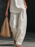 White Faux Linen V-neck Sleeveless Top And Wide-leg Pants Set