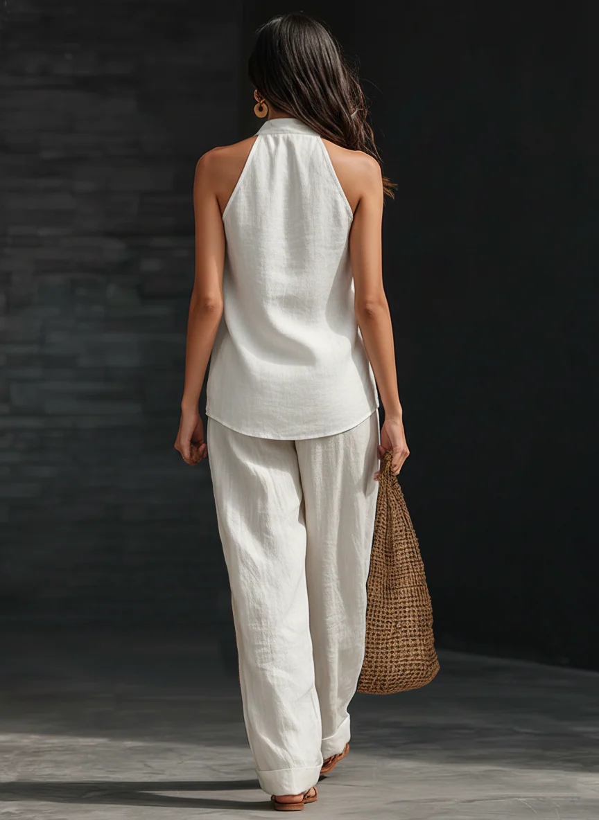White Faux Linen V-neck Sleeveless Top And Wide-leg Pants Set