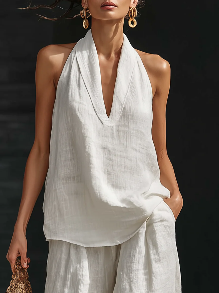 White Faux Linen V-neck Sleeveless Top And Wide-leg Pants Set