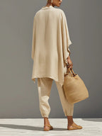 Light Khaki Minimalist Asymmetrical Hem Top And Jogger Pants Suit
