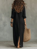 Black Button-down Front-opening Loose-fitting Shirt Maxi Dress