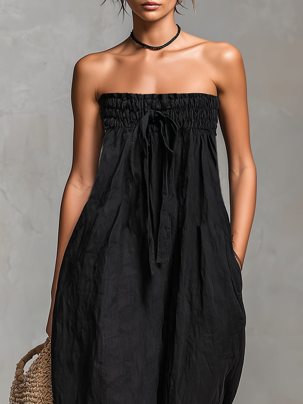 Black Minimalist Loose-fitting Faux Linen-blend Strapless Jumpsuit